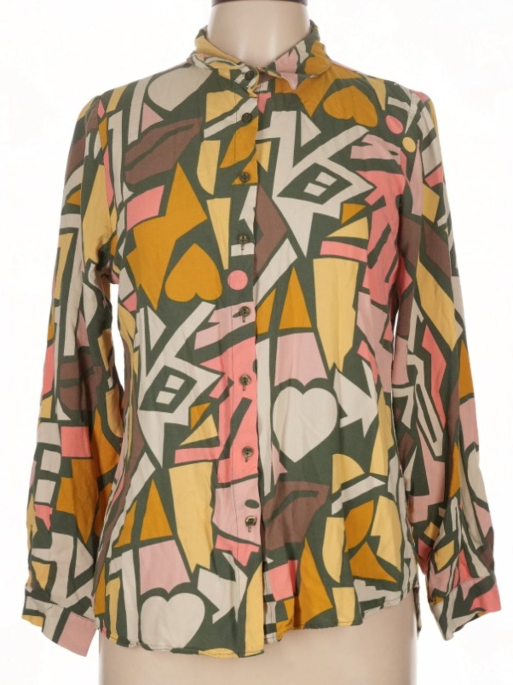 Big Dart Geometric Heart Print Button-Up Blouse — Pink, Mustard & Olive